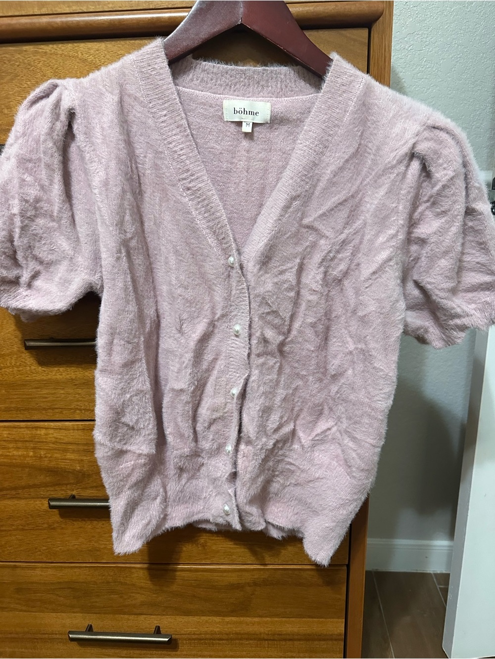 bohme Dusty Pink Short-Sleeve Fuzzy Cardigan with Pearl Buttons
